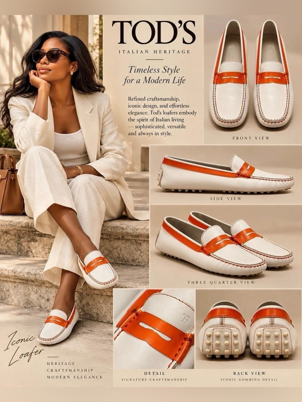 Tod's Gommino Leather Driving Moccasins in White & Orange Sz 9.5